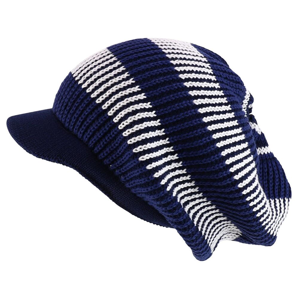 5744 Striped Dreadlock Deep Shell Knitted Cotton Beanie Visor Cap - Navy